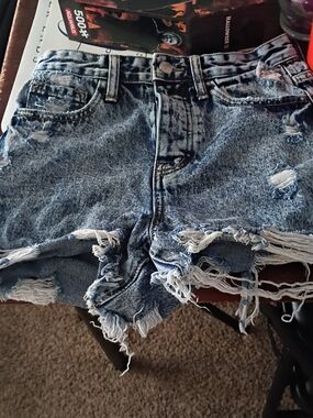 High-Rise Distressed Light Blue Denim Shorts